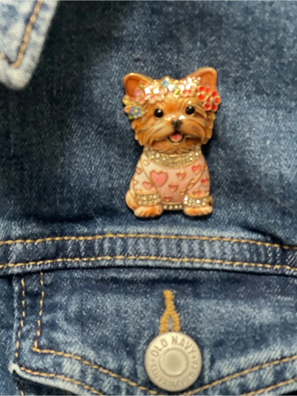 Old Navy Blue Denim Kids Jacket with Yorkie dog Pin with rhinestones.Size 10/12